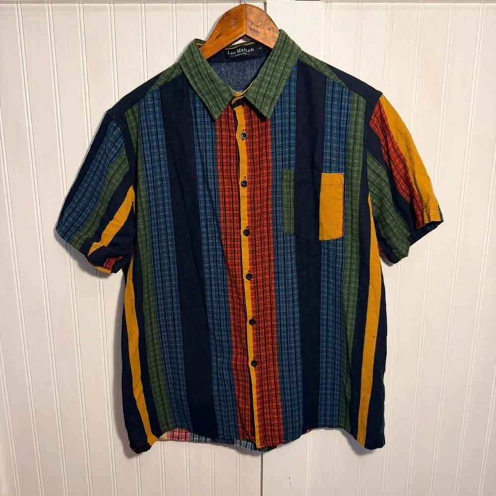 Luc Matton Big Boys Shirt Sz L buttonup short sleeve Cotton Linen Multicolor
